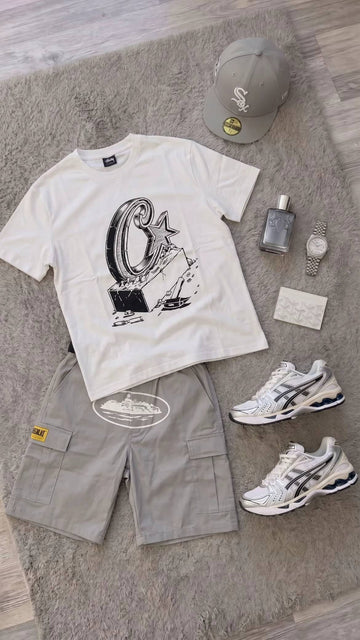 Bundle Offer - White Graphic Grey Cargo Shorts