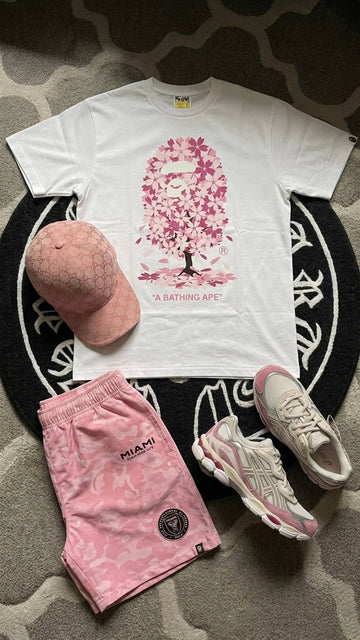 Bundle Offer - White BAPE Cherry Blossom Pink Shorts